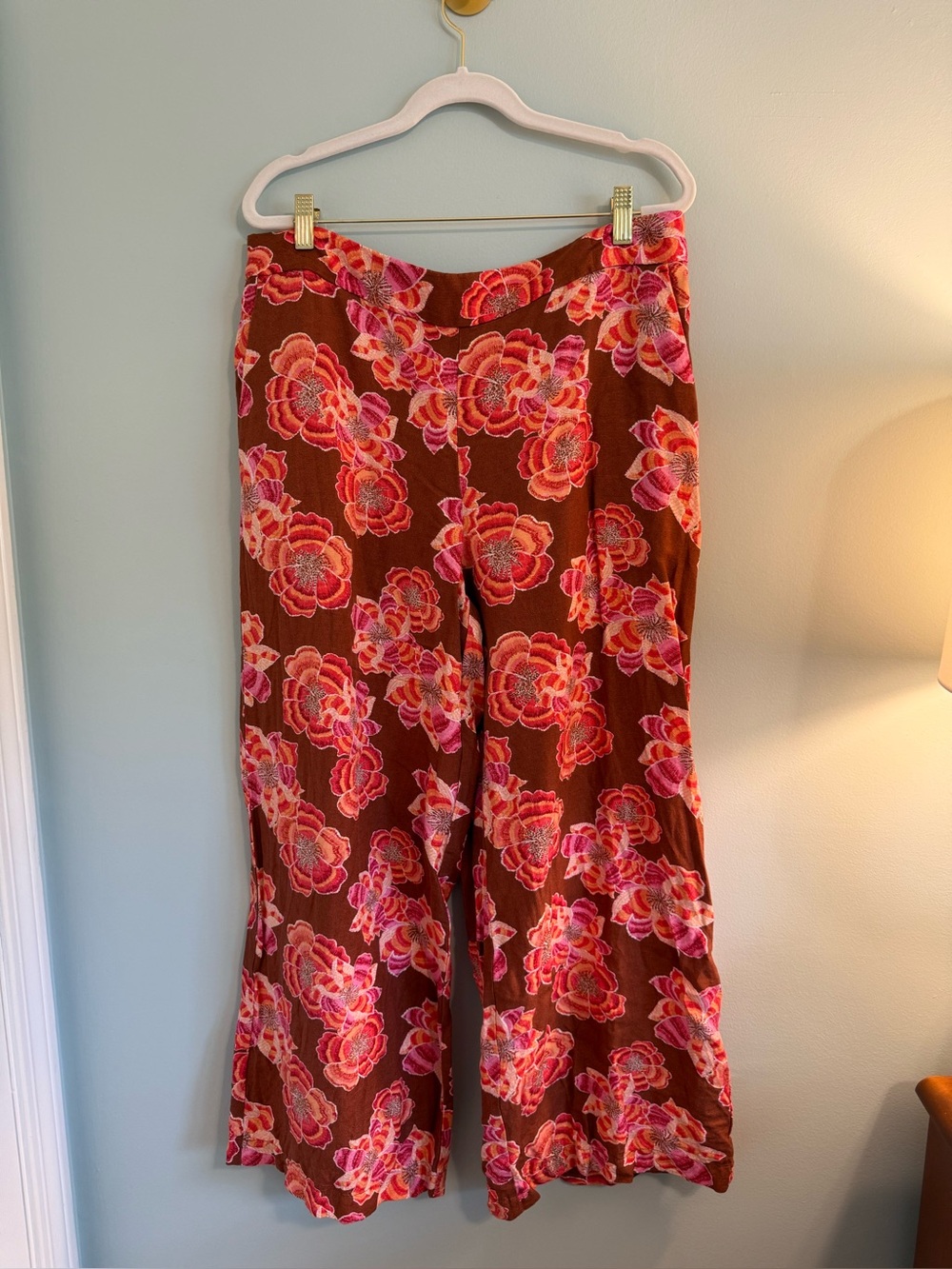 Loft Linen Floral Wide-Leg Pants in Brown and Pink